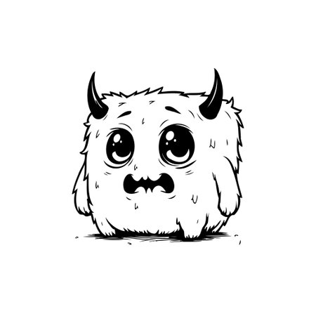 A cute and fluffy cartoon monster illustration with horns and big eyes. This whimsical design is perfect for kids, halloween celebrations, or adding a touch of friendly spookiness to any project.のイラスト素材