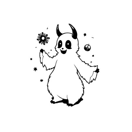 This black and white illustration features an adorable horned monster. It has a playful and fun design that evokes a sense of whimsical charm. This character is perfect for a variety of creative projects.のイラスト素材