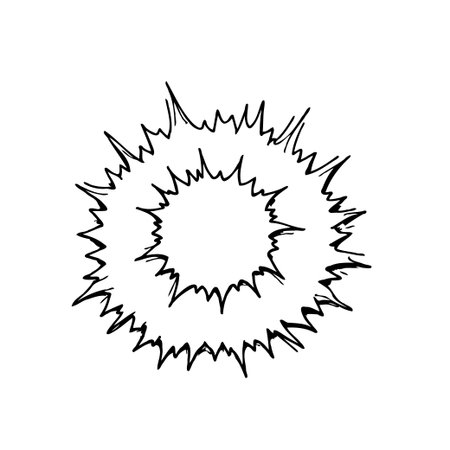 A striking black and white vector illustration featuring a dynamic explosion effect. Jagged concentric circles emanate outwards, creating a visually powerful burst. Isolated on a white backdrop, this design adds an element of sharp energy.のイラスト素材