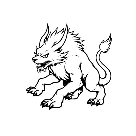 A black and white illustration of a fearsome mythical beast, rendered in a bold outline style. This creature looks ready to attack, showcasing sharp claws and an aggressive demeanor.のイラスト素材