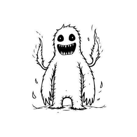 A cute monster character in black and white, perfect for children's book illustrations and playful creative projects. With its smiling teeth and hand-drawn style, it brings a whimsical touch to any artwork.のイラスト素材