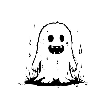 A charming cartoon illustration depicts a cute monster enjoying a rainy day, with grass growing below it adding a playful touch.のイラスト素材