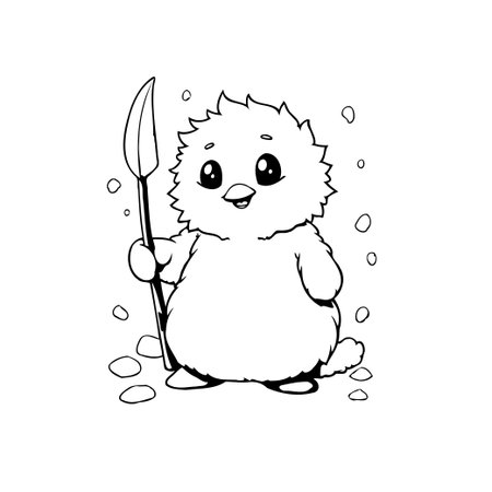 A cute cartoon of a baby chick armed with a spear. Ideal for coloring books, children's learning materials, and designs with a playful feel.のイラスト素材