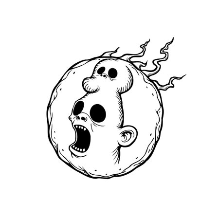 A spooky Halloween cartoon illustration featuring a screaming face on a creepy moon, perfect for vector design and scary skull themes.のイラスト素材