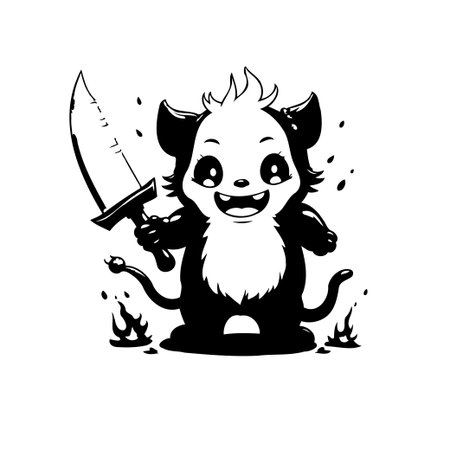 A charming black and white cartoon illustration featuring a cute cat warrior holding a sword, ready for adventure and fun.のイラスト素材