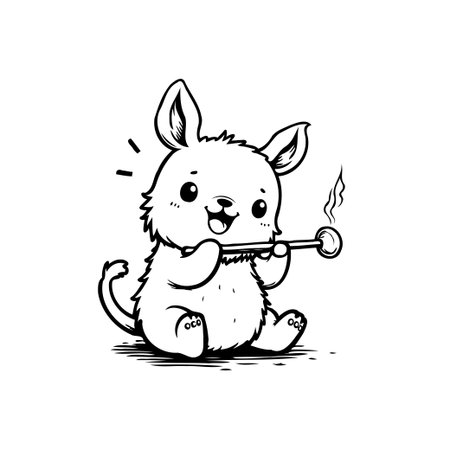 A charming monochrome cartoon illustration of a cute baby animal joyfully playing the flute. This artwork exudes happiness, perfect for children's stories or playful designs.のイラスト素材