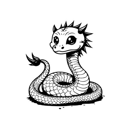 A delightful black and white vector illustration of a cute cartoon snake. Perfect for adding a touch of whimsy to your designs.のイラスト素材