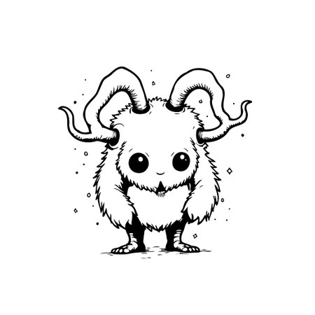 A whimsical black and white illustration showcasing a cute furry monster with horns, perfect for childish or fantasy themed projects.のイラスト素材