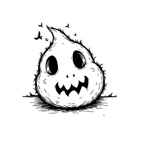 A spooky yet cute halloween spirit illustration with a creepy face design and bats flying above, perfect for festive seasonal greetings.のイラスト素材
