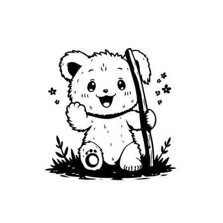 A charming cartoon illustration features an adorable bear cub holding a stick, surrounded by blooming flowers, creating a delightful and cheerful scene.のイラスト素材