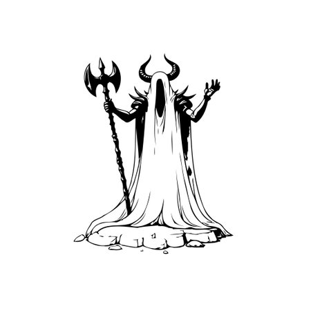 An eerie horned, spectral figure wielding a battle axe exudes pure dread, embodying sinister fantasy and nightmare inducing horror in a captivating illustration.のイラスト素材