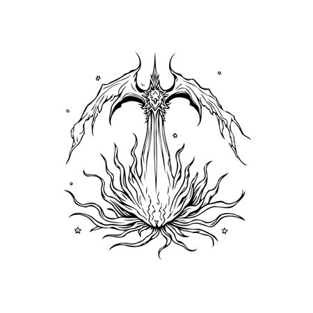 This detailed illustration features an ornate sword radiating cosmic energy, set against a sunburst design. It evokes a sense of fantasy, power, and ancient legends.のイラスト素材