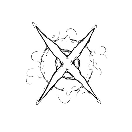 An abstract illustration showcasing a stylized 'X' symbol with organic textures, set against a whimsical and lightly sketched circular background. The design possesses a rough, handmade feel.のイラスト素材