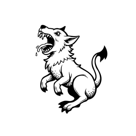 A stylized wolf emblem featuring a canine with bared fangs. Perfect for logos, tattoos, or graphic design elements that require an aggressive symbol.のイラスト素材