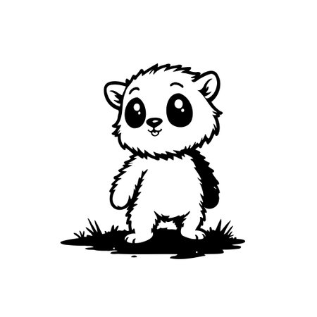 A delightful black and white cartoon illustration features a baby bear standing on grass. This cute design radiates innocence and tenderness.のイラスト素材