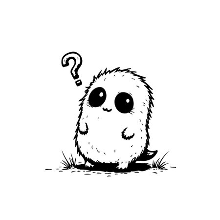 A cute, fluffy creature with big eyes looks up at a question mark, expressing confusion and curiosity in a charming, minimalist design.のイラスト素材