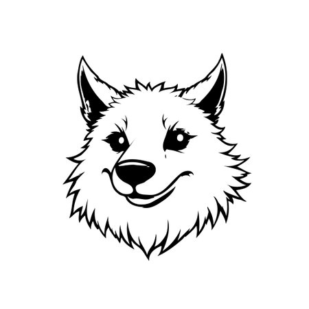 This is a detailed black and white illustration of a wolf's head. The wolf is facing forward with a gentle smile.のイラスト素材