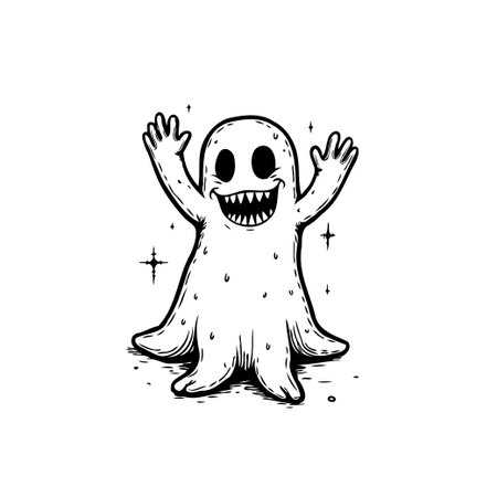 This black and white illustration portrays a friendly ghost figure, ready for Halloween. The simple design and playful expression offer a unique twist on spooky themes.のイラスト素材