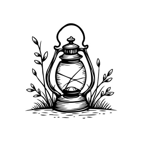 A detailed monochrome illustration of a vintage lantern nestled among floral accents, offering a timeless design with a rustic flair. Perfect for adding a touch of vintage elegance to any creativeのイラスト素材