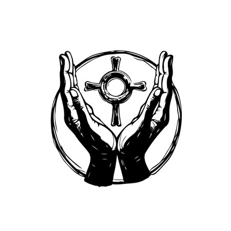 An evocative image featuring hands tenderly embracing a symbolic emblem, conveying themes of care, protection, hope, and future. This imagery suggests compassion, support, and guidance, offering aのイラスト素材