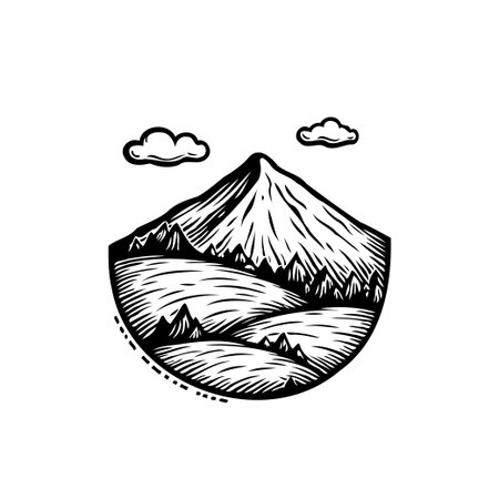 A monochromatic illustration presents a tranquil mountain scene nestled within a circular frame. Clouds drift above the peak while a forested landscape occupies the lower portion, conveying serenityのイラスト素材