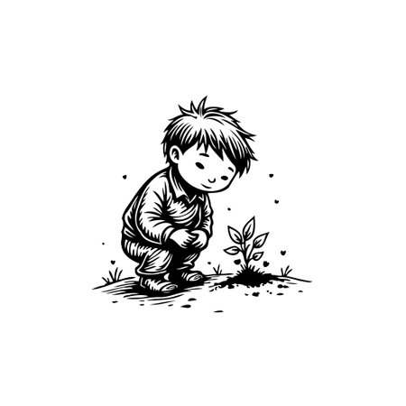 A heartwarming illustration of a young boy attentively observing a tiny plant emerging from the soil. The image embodies themes of growth, hope, and the gentle connection between children andのイラスト素材