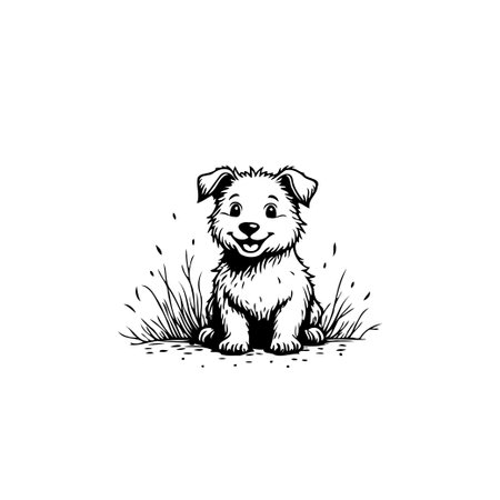 An endearing cartoon illustration features a delightful puppy happily sitting amid some grass. This artwork captures the essence of youthful innocence and playful energy. Perfect for applications inのイラスト素材