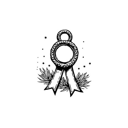 A detailed illustration showcases an ornate award ribbon. Its design uses a circular frame adorned with a laurel wreath.  The ribbon drapes downward, symbolizing achievement. The aesthetic suggestsのイラスト素材