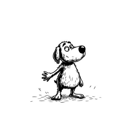 An ink-style illustration depicts a charming, cartoon dog standing and waving with a cheerful expression. The playful and whimsical design showcases the dog's friendly nature with expressive eyesのイラスト素材