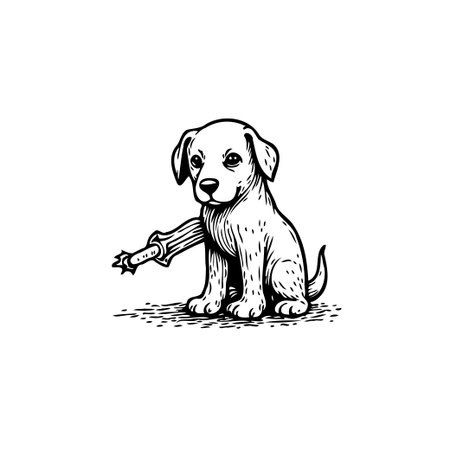A delightful monochrome illustration features a charming puppy happily clutching a bone. The simple yet detailed style evokes a sense of warmth and playfulness perfect for designs needing a touch ofのイラスト素材