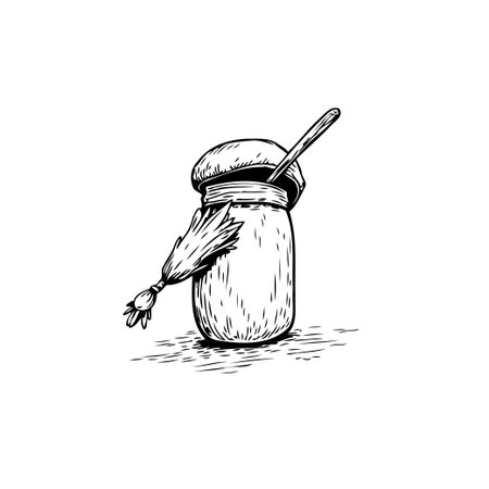 Monochrome drawing of jar with a spoon and a charming decorative element. The rustic vintage illustration would be perfect for adding character to kitchen dのイラスト素材