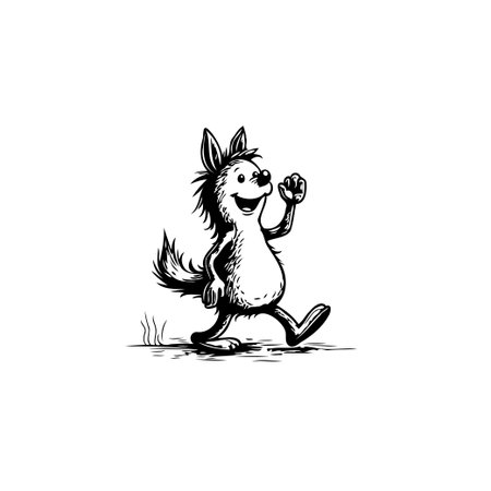 A delightful hand-drawn cartoon depicting a cheerful dog character energetically walking. Rendered in black and white, the sketch evokes a playful and humorous tone, suggesting a lighthearted storyのイラスト素材