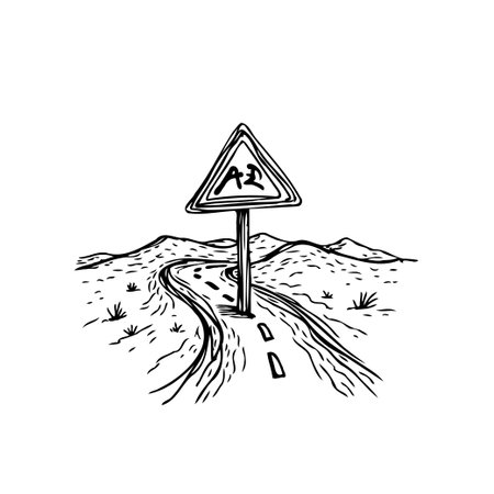 An imaginative hand-drawn illustration featuring a winding desert road leading towards distant hills. A playfully designed triangular warning sign stands alongside, adding an element of quirky charmのイラスト素材