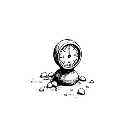 Hand drawn illustration of an analog clock perched precariously upon a pile of smooth stones, visually representing the delicate equilibrium between time's relentless march and the enduringのイラスト素材