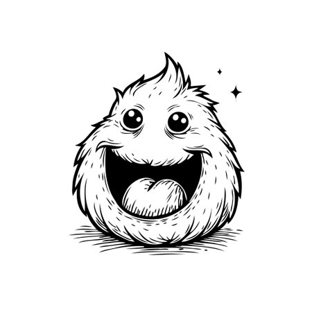 A delightful black and white cartoon illustration features a fuzzy, smiling monster radiating happiness. The playful character, with its big grin and sparkling details, brings a sense of carefreeのイラスト素材