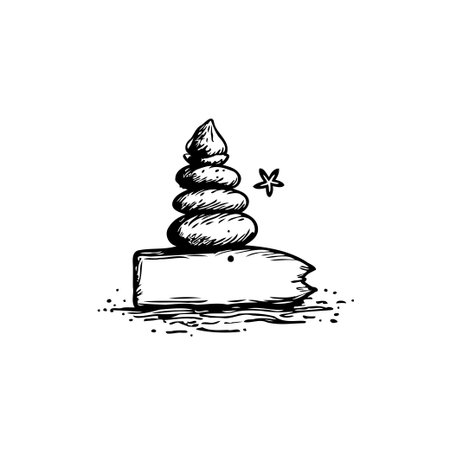 A hand-drawn illustration depicts a cairn of smooth stones stacked on a piece of driftwood near the shore with a star. The art conveys peace, balance, and zen, portraying a serene environmentのイラスト素材