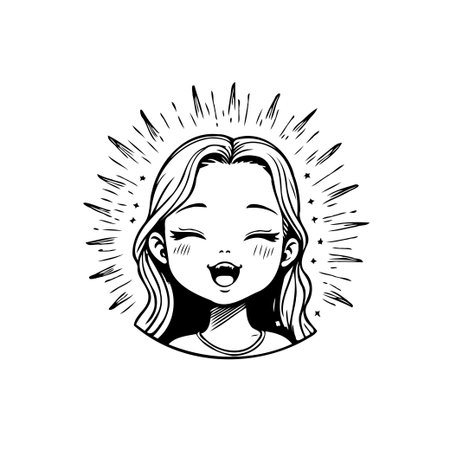 A simple monochrome drawing depicts a young girl radiating happiness. Her closed eyes and joyous smile convey a sense of inner peace and unadulterated joy. The burst of light surrounding herのイラスト素材