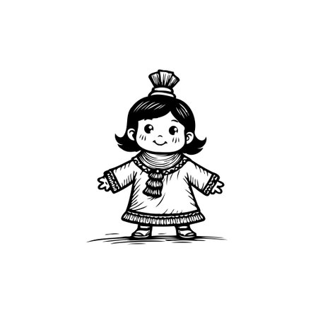 A delicate illustration showcases a doll with endearing features and intricate details, rendered in a monochrome style. This artwork captures a sense of innocence and childlike wonder, perfect forのイラスト素材