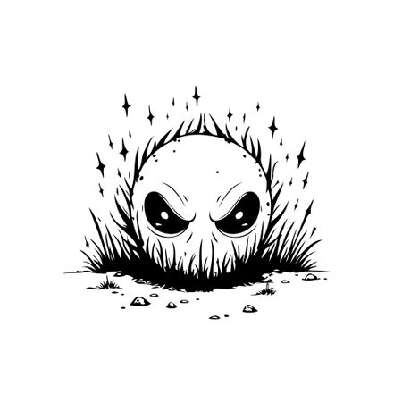 This monochrome digital illustration presents a whimsical creature with intensely expressive eyes. The character emerges from a dark and mysterious grassy environment dotted with stars, creating anのイラスト素材