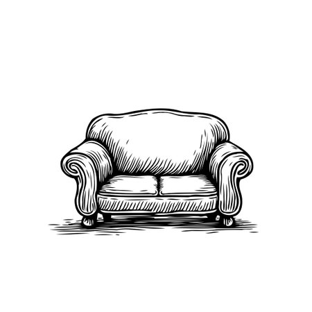 Detailed sketch of a classic couch provides a charming representation of vintage furniture design. This illustration captures the essence of comfort and style, perfect for interior design projectsのイラスト素材