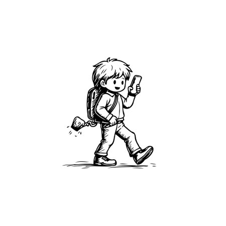 A cheerful cartoon illustration features a young boy walking and gazing at his phone screen. He is wearing a backpack, depicting youthful energy and the pervasive influence of technology inのイラスト素材