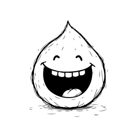 A black and white cartoon illustration depicts a teardrop-shaped character expressing joy through laughter. The simple design uses a bold outline and textured shading to create a whimsical andのイラスト素材