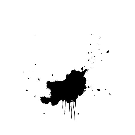 An abstract image featuring a black ink blot with dripping lines, set against a clean white background. The high-contrast graphic element lends itself for diverse design applications, from grungeのイラスト素材