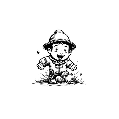 A cheerful young child, adorned with an explorer's hat, embarks on an adventurous journey with infectious enthusiasm. This delightful illustration captures the essence of playful discovery and theのイラスト素材