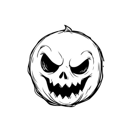 A spooky pumpkin illustration portrays a menacing halloween spirit. The black and white design features an evil face with sharp teeth and intense eyes, perfect for adding a sinister touch toのイラスト素材