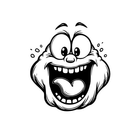 A black and white cartoon illustration showcases a cheerful character with a wide grin, highlighting expressive features and joyful emotion. The detailed line work and playful design contribute to aのイラスト素材