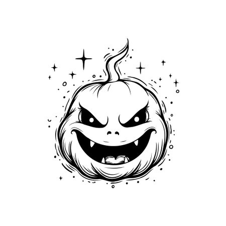 A whimsical yet unsettling illustration showcases a Halloween pumpkin with a sinister facial expression, adorned with twinkling stars. This monochromatic design blends spooky elements with a touchのイラスト素材
