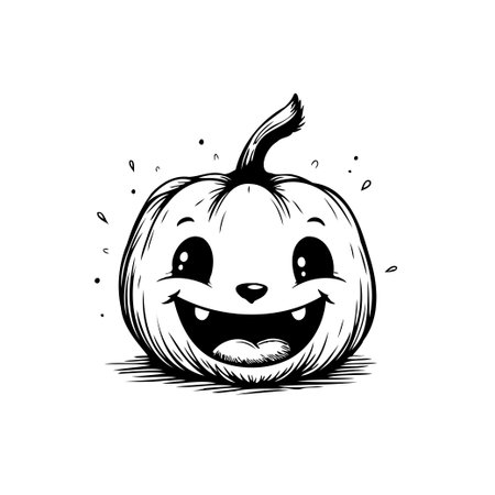 Delightful black and white cartoon pumpkin illustration with a wide, friendly smile. A charming vector graphic perfect for autumnal designs, Halloween promotions, or seasonal greetings. Its simpleのイラスト素材
