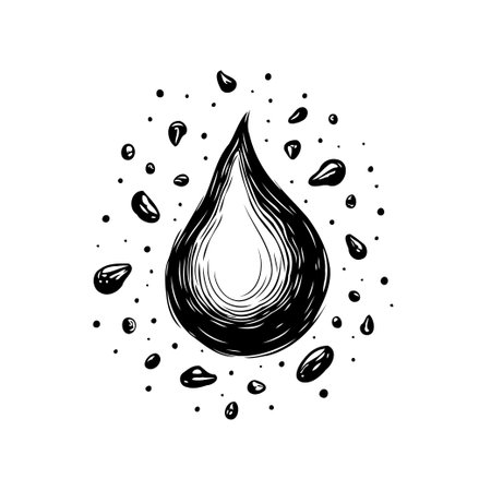 A minimalist ink drawing shows a large water droplet at the center surrounded by various smaller splashes and dots. The black and white illustration conveys a sense of purity and freshness throughのイラスト素材