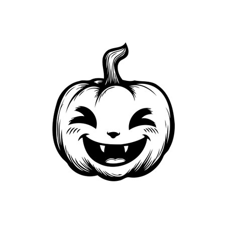 This vector illustration shows a smiling pumpkin face, perfect for Halloween or fall harvest themes. The simple monochrome design adds a spooky and playful touch. Ideal for decorations, greetingのイラスト素材